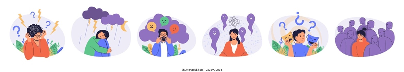 Concepto de problema de salud mental con personajes en diseño plano para el Web. Personas de sentir emociones negativas y tiene ansiedad, llanto, estrés y enfermedad nerviosa, sufriendo miedos. Ilustraciones vectoriales.