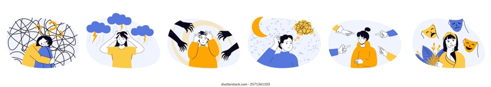 Mental health problem concept set in flat web design. Collection with people feeling negative emotions and stress with nervous trouble, suffering depression. Vector illustrations on white background.