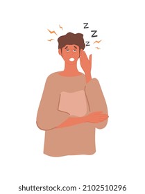 Mental Health Problem concept. Young sleepy man in pajamas yawns. Insomnia due to psychological disorder, depression and negative thoughts. Disturbing male character. Cartoon flat vector illustration