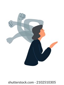 Mental Health Problem concept. Young woman suffers from psychological violence and asks for help. Depression, fear and stress in female character. Cartoon contemporary flat vector illustration