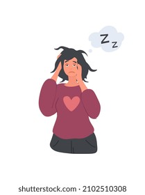 Mental Health Problem concept. Young sleepless woman with bags under her eyes and headache. Insomnia due to psychological disorder or depression. Cartoon contemporary flat vector illustration