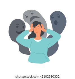 Mental Health Problem concept. Young woman surrounded by fears, negative emotions and bad thoughts holds her head. Psychological disorder or illness. Cartoon contemporary flat vector illustration