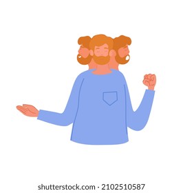 Mental Health Problem concept. Young bearded man with split personality or bipolar disorder. Smiling, calm and angry male character. Psychological illness. Cartoon modern flat vector illustration