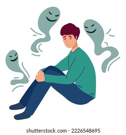 Concepto de problema de salud mental. Joven rodeada de miedos, emociones negativas y malos pensamientos sostiene su cabeza. Trastorno psicológico o enfermedad. Ilustración vectorial plana contemporánea de dibujos animados