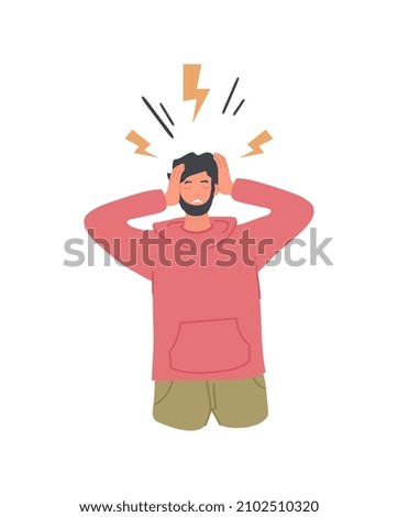 Mental Health Problem concept. Young male character with headache, migraine and negative emotions. Male character with psychological disorder or anxiety. Cartoon modern flat vector illustration