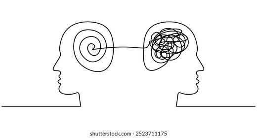 Problema de saúde mental. Desenho de linha contínua de duas cabeças experimentando tontura. Design simples para tensão mental ou confusão. Ilustração vetorial.