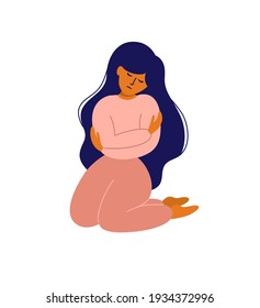 Mental health problem, frustration, anxiety, depression. Sad woman sitting on knees embracing yourself. Care, love, empathy, acceptance concept. Girl self hugging. Female issue vector illustration