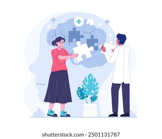 Problema de salud mental. Personas conectando piezas de rompecabezas de una cabeza. Trabajo, Juntos, Puzzle, Manos, Trabajo en equipo, concepto, Ilustración vectorial