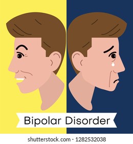 Mental health problem illustration. Vector image of a happy and sad face. Opposite emotions. Symptoms of Bipolar Disorder