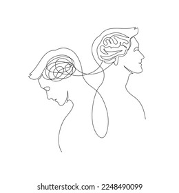 Psychische Gesundheitsprobleme, Psychologie und bipolares Behandlungskonzept. Vektorgrafik mit einer Linie. Vieles Menschenprofil mit vernetztem Gehirn durch kontinuierliche Linie einzeln auf weißem Hintergrund.