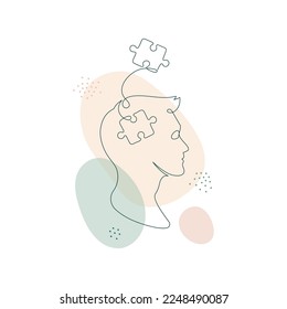 Mental health problem, psychology and business education concept. Vector one line art illustration. Human head profile with jigsaw puzzle by continous line on color splash background.