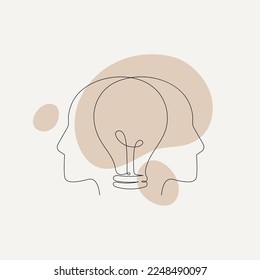 Problema de salud mental, psicología y concepto de educación empresarial. Ilustración vectorial de una línea. Un par de perfiles de cabeza humanos conectados con bombilla de luz por línea continua sobre fondo de salpicaduras de color.