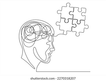 Mental health problem, psychology and business education concept. Vector one line art illustration. Human head profile with jigsaw puzzle by continous line