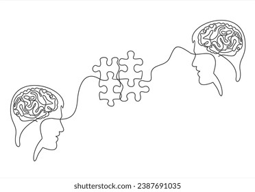 Mental health problem, psychology and business education concept. Vector one line art illustration. Human head profile with jigsaw puzzle by continous line on color splash background.