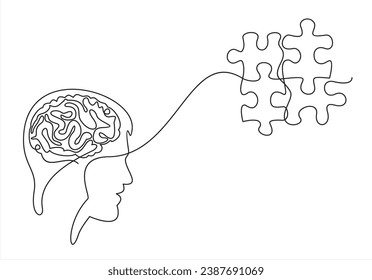 Psychische Gesundheitsprobleme, Psychologie und Business Education Konzept. Vektorgrafik mit einer Linie. Menschliches Kopfprofil mit Puzzle nach Kontinentallinie auf Farbspritzer-Hintergrund.