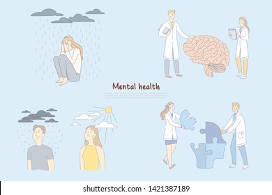Mental health problem, scientists, researchers study human brain functioning, psychology of personality banner