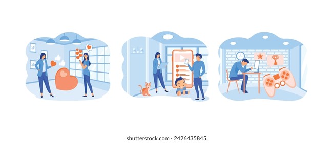 Mental health problem selfie post.  Love and addiction to screens, social media, gaming distractions. Digital overload. set flat vector modern illustration 