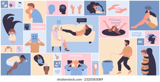 Psychische Gesundheitsprobleme setzen Vektorgrafik. Cartoon traurige Frauen und Männer Patienten mit Schlaflosigkeit, Trauma von Stress und Angst, psychologische Behandlung und Therapie auf geometrisch gestaltetem Hintergrund