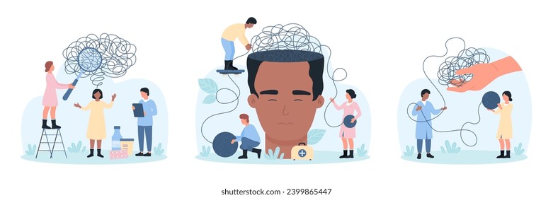 Mental health problem and treatment, psychology set vector illustration. Cartoon tiny people holding magnifying glass to research knot of tangled thread, psychologists help to untangle thoughts mess