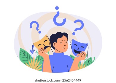 Mental health problem web concept with flat cartoon people for website design. Man with upset and sad mind holds theatre masks and imitating roles, needing psychotherapy therapy. Vector illustration.