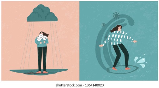 Problemas de salud mental, ansiedad, autoayuda, concepto de autocuidado. Las niñas eligen emociones, surfistas jóvenes y olas de pandemia. Conjunto de ilustraciones vectoriales planas con textura para tarjeta, afiche, diseño