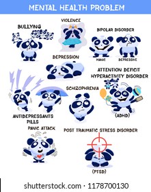 Mental health problems banner. Little pandas with  with symptoms of psychological disorders. Flat vector illustration. 
