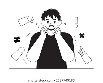 Mental health problems caused by social pressure leading to insomnia, black and white outline style, social issues vector illustration.