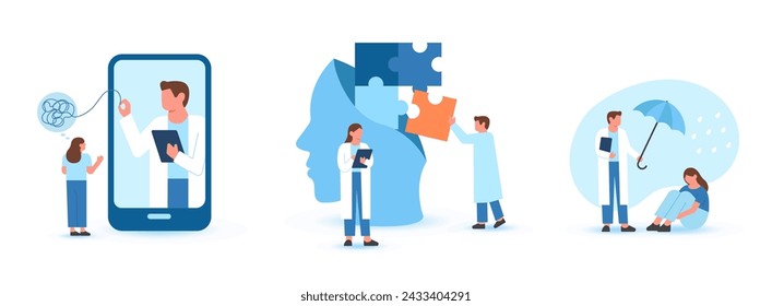 Mental health problems. Characters having consultation and therapy against mental diseases with doctors psychologist. Mental disorder concept. Flat cartoon vector illustration and icons set.