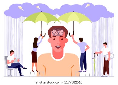 Mental Health Problems Concept In Flat Design. Psychologists Help A Person To Solve Depression. Vector Illustration Eps 10