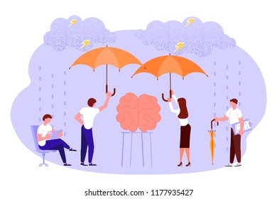 Mental health problems concept in flat design. Scientists neurobiologists research the human brain. Vector illustration eps 10