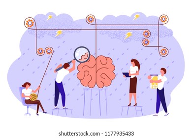 Mental health problems concept in flat design. Scientists neurobiologists research the human brain. Vector illustration eps 10