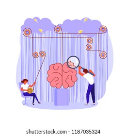 Mental health problems concept in flat design. Scientists neurobiologists research the human brain. Vector illustration eps 10