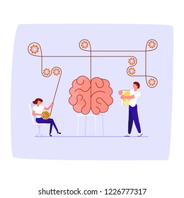 Mental health problems concept in flat design. Scientists neurobiologists research the human brain. Vector illustration eps 10