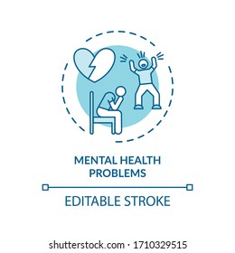 Icono de concepto de problemas de salud mental. Causas del CVD, factores psicológicos idea ilustración de línea delgada. Trastorno bipolar, depresión y ansiedad. Dibujo de color RGB con contorno aislado por vectores. Trazo editable
