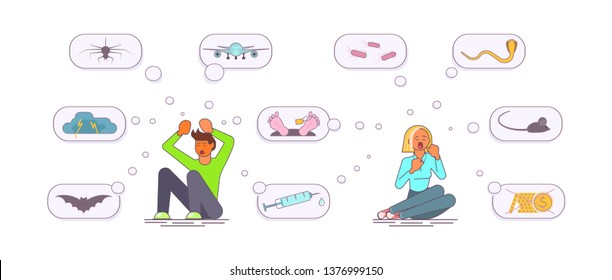 Mental health problems concept. Scared man an woman with phobias. Acrophobia arachnophobia nyctophobia claustrophobia acrophobia and aquaphobia icons. Flat Art Vector illustration