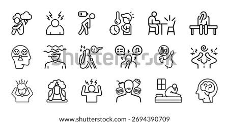 Mental health problems, disorders and conditions icon set. Vector illustration of psychiatric disorders, depression, anxiety, burnout, bipolar, insomnia, schizophrenia, addiction, PTSD, stress, trauma
