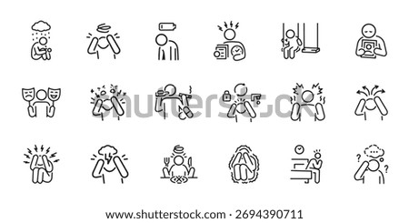 Mental health problems, disorders and conditions icon set. Vector illustration of psychiatric disorders, depression, anxiety, burnout, bipolar, insomnia, schizophrenia, addiction, PTSD, stress, trauma