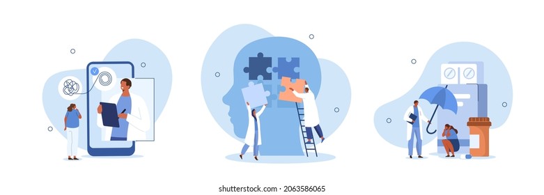Mental health problems illustration set. Characters having consultation and therapy against mental diseases with doctors psychologist. Mental disorder concept. Vector illustration.