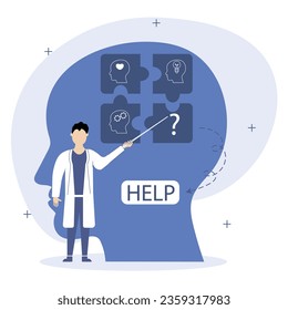Mental health problems illustration.A psychologist finds mental health problems in his patient and looks for ways to solve them. Mental disorder concept.Vector illustrations.