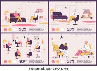 Mental health and problems landing page banners. People at psychotherapy, grouptherapy, depressed and during session. Vector collection in pink and yellow