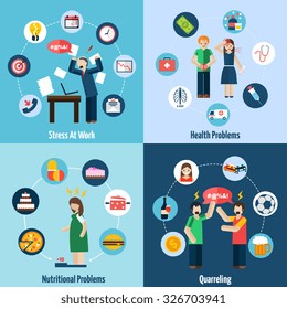 Mental health problems relating to stress at work 4 flat icons composition banner abstract isolated vector illustration