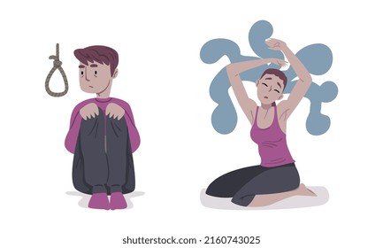 Problemas de salud mental. Niña deprimida sintiendo confusión de pensamientos, niño desesperado pensando en ilustración de vector suicida