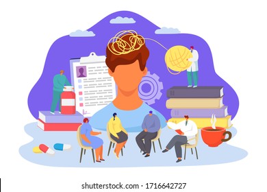 Mental health professional doctor, vector illustration. Group psychotherapy counseling, depression treatment. Man working with patient group having psychological problems. Untangle threads in head.