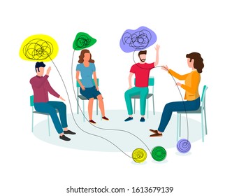 Mental health professional, female working with small group of clients having psychological, emotional, interpersonal problems, vector illustration. Group psychotherapy, psychological help concept.