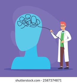 Mental health professional guiding tangled line representing thoughts from large silhouette of head. Therapeutic intervention and cognitive clarity concept