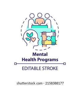 Mental Health Programs Concept Icon. Group Support And Care. Psychology Trend At Work Abstract Idea Thin Line Illustration. Isolated Outline Drawing. Editable Stroke. Arial, Myriad Pro-Bold Fonts Used