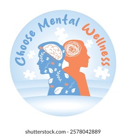 Mental health promotion banner. Showing different human silhouettes with confused and calm states of mind. Mental Health concept. Flat vector illustration.