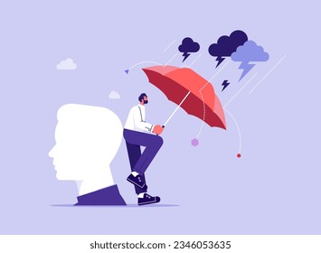 Mental health protection concept, help for depression or anxiety, man using umbrella to protect human head from storm 