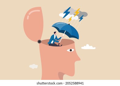 Mental health protection, depression or anxiety control or cure, help, support mental illness suffering concept, human head with his self using umbrella to protect from heavy raining storm depression.
