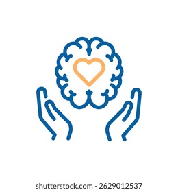 Mental health protection icon. Vector thin line illustration with editable stroke showing emotional support, psychological care and brain wellness. Hands holding brain with heart